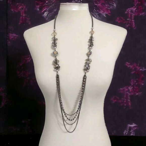Bohemian Multi Strand Necklace Rhinestones Beaded Gunmetal Simply Vera Wang - Picture 1 of 16